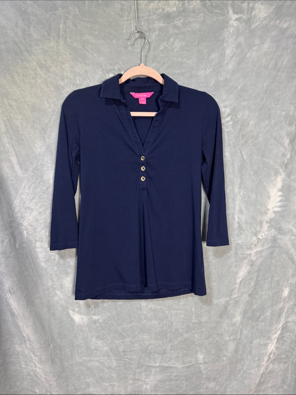 Lilly Pulitzer 100% Pima Cotton Navy Three-Quarter Sleeve Button Polo